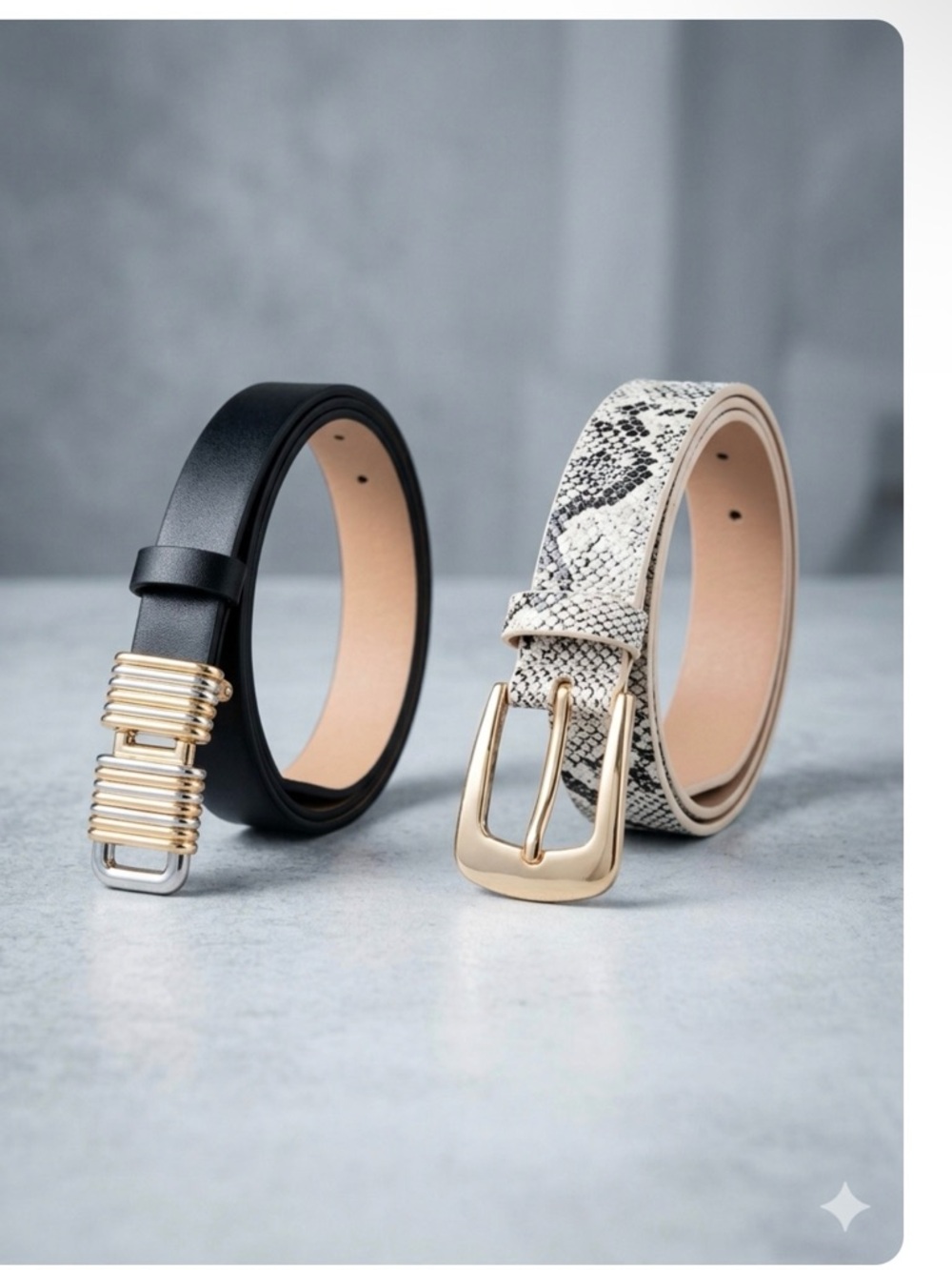 Set of Two Fashion Belts - Black and Snake Print